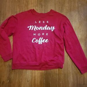 Awake Red Crewneck Funny "Less Monday More Coffee" Graphic Sweatshirt Size L